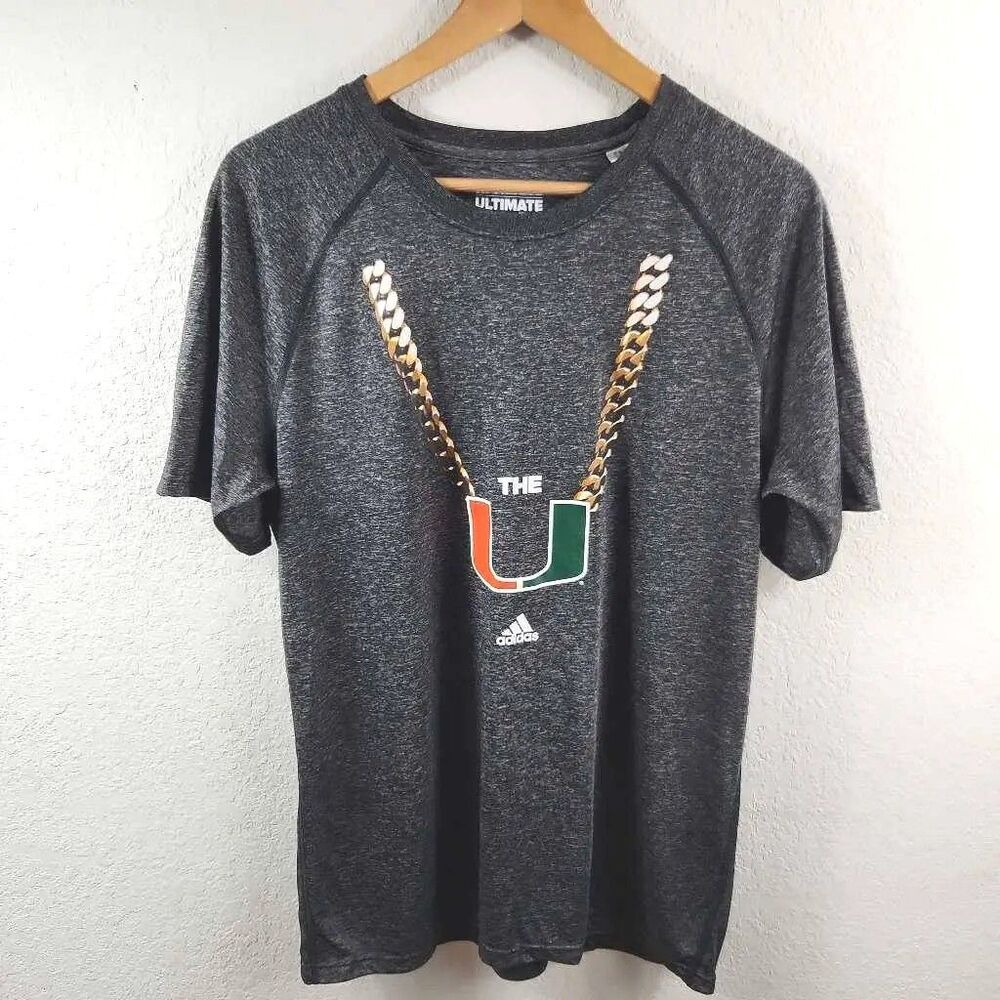 Miami Hurricanes Adidas Women's Adult Shirt T-Shirt Gray Logo Gold Chain Crew L